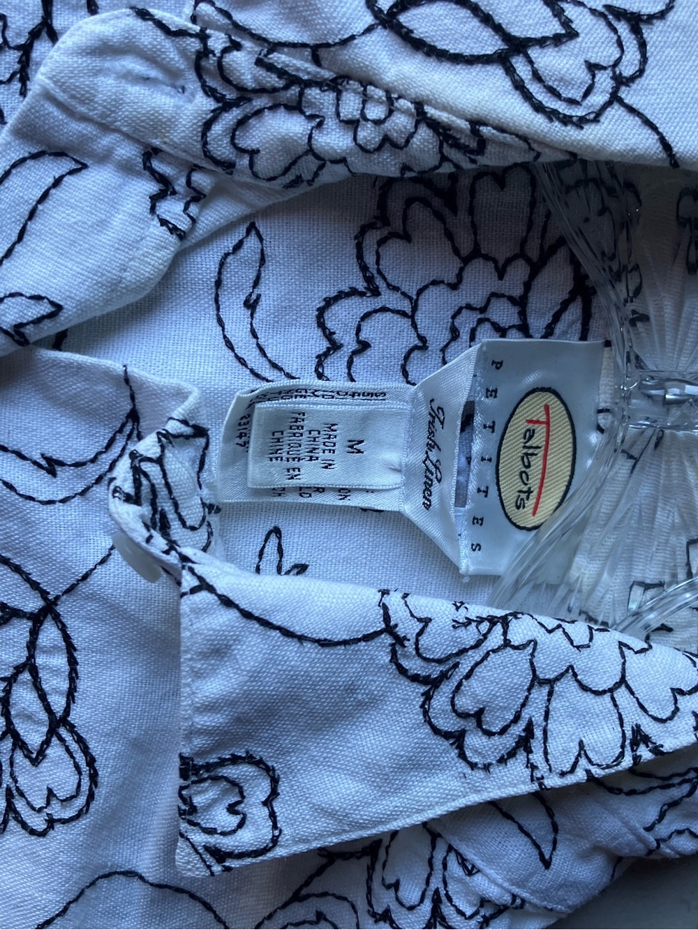 Talbots White Shirt with Black Floral Embroidery